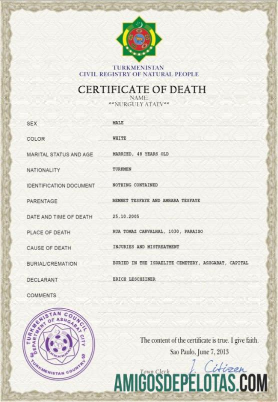 Realista modelo PSD de certidão de óbito do Turcomenistão